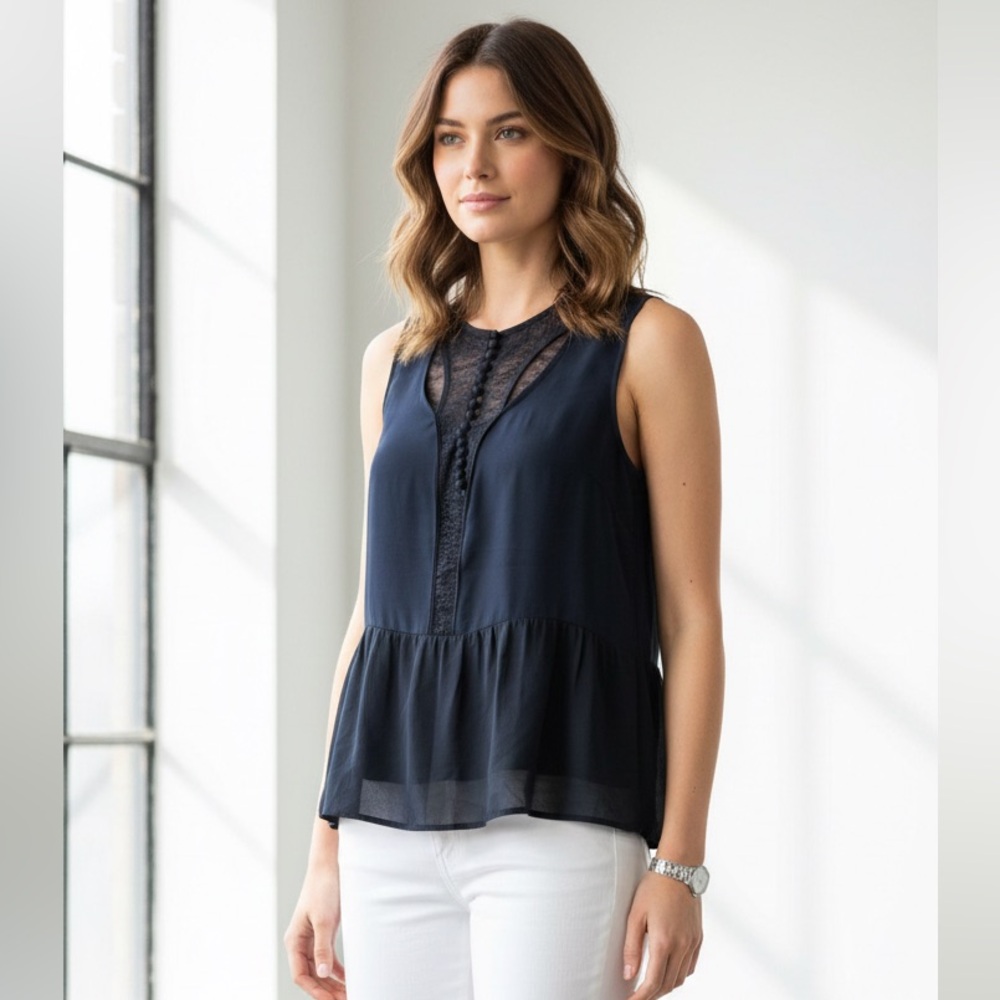 Yigal Azrouël navy and black silk sleeveless blouse with a lace front piece